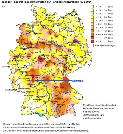 Feinstaubkarte von Deutschland aus dem Jahr 2002